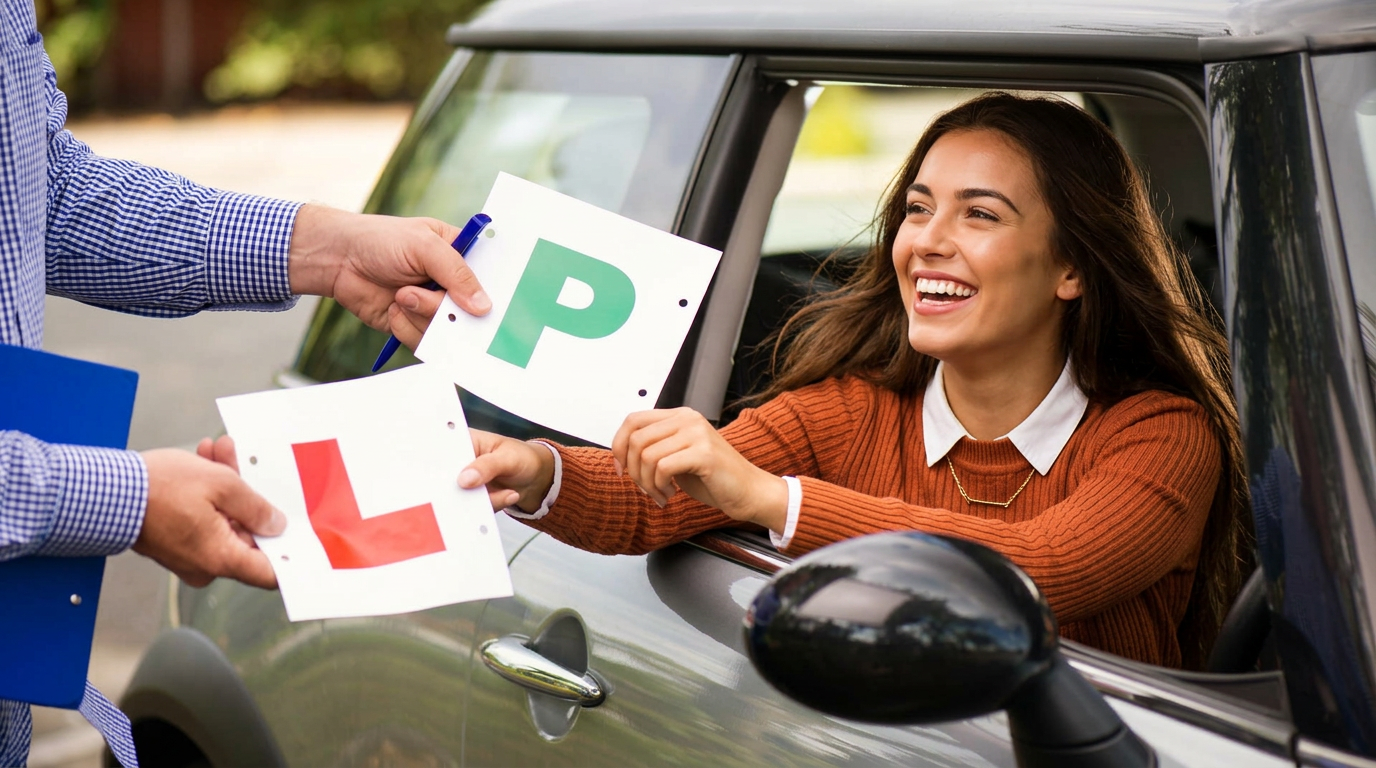 Smiling learner driver swapping L plates for green P plates after passing